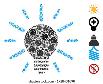 Mosaic light bulb composed of flu virus elements in different sizes and color hues. Vector viral icons are composed into abstract mosaic light bulb icon. Some bonus icons are added.