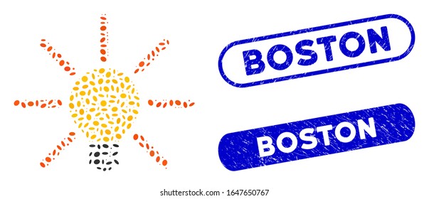 Lámpara de luz mosaico y sellos de sellos corroídos con texto de Boston. La bombilla vectorial mosaica se forma con elementos elipses aleatorios. Los sellos del sello de Boston utilizan el color azul y tienen forma rectangular redonda.