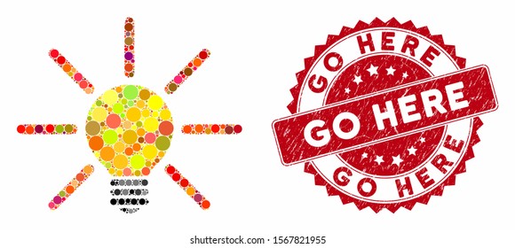 Mosaic light bulb and grunge stamp watermark with Go Here text. Mosaic vector is composed with light bulb icon and with random spheric spots. Go Here stamp seal uses red color, and grunge design.