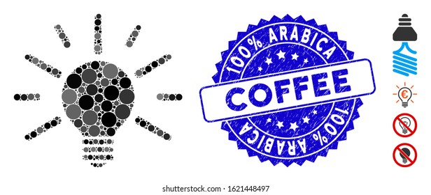 Mosaic light bulb icon and rubber stamp watermark with 100% Arabica Coffee text. Mosaic vector is created from light bulb icon and with random circle items. 100% Arabica Coffee stamp uses blue color,