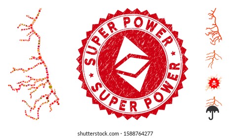Mosaic lightning and circle seal stamp. Flat vector lightning mosaic of scattered circle elements. Red seal stamp with grunged style. Designed for political and patriotic propaganda.