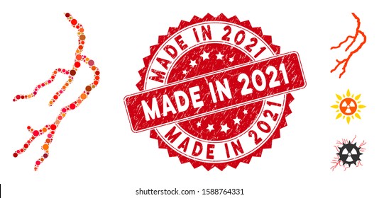 Mosaic lightning and circle seal stamp. Flat vector lightning mosaic of random circle elements. Red seal stamp with grunge texture. Designed for political and patriotic proclamations.