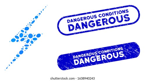 Mosaic lightning and corroded stamp seals with Dangerous Conditions text. Mosaic vector lightning is composed with scattered ellipse items. Dangerous Conditions stamp seals use blue color,