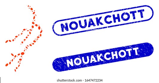 Mosaic lightning and distressed stamp seals with Nouakchott text. Mosaic vector lightning is composed with randomized oval elements. Nouakchott stamp seals use blue color,