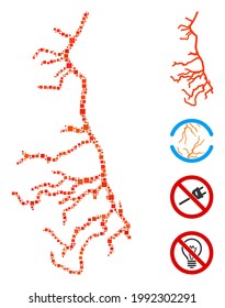 Mosaic Lightning icon composed of square items in different sizes and color hues. Vector square items are organized into abstract mosaic lightning icon. Bonus pictograms are placed.