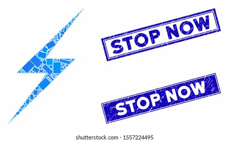Mosaic lightning icon and rectangular watermarks. Flat vector lightning mosaic icon of random rotated rectangular elements. Blue caption rubber stamps with distress texture.