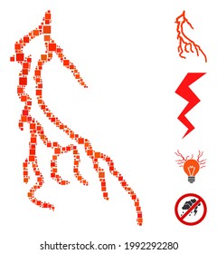 Mosaic Lightning icon united from square items in different sizes and color hues. Vector square items are combined into abstract mosaic lightning icon. Bonus pictograms are added.