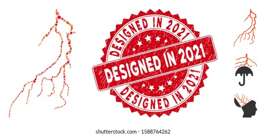 Mosaic lightning and round rubber print. Flat vector lightning mosaic of randomized spheric items. Red rubber stamp with rubber design. Designed for political and patriotic proclamations.