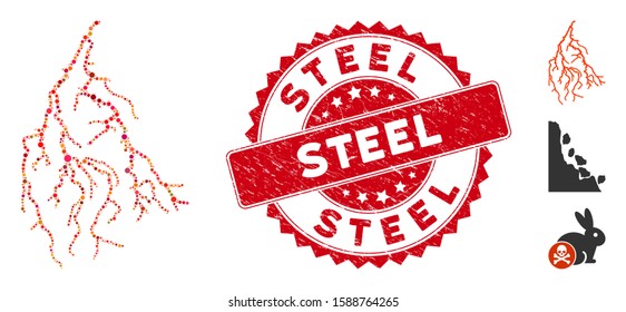 Mosaic lightning and round seal. Flat vector lightning mosaic of random spheric items. Red seal with grunge texture. Designed for political and patriotic agitation.