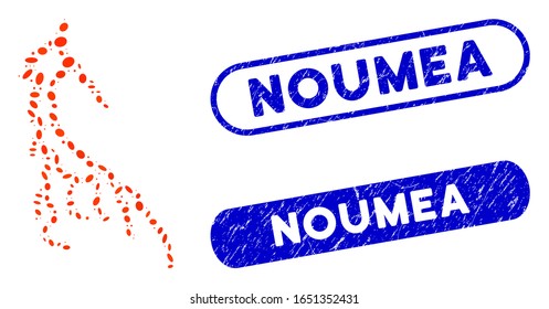 Mosaic lightning and rubber stamp seals with Noumea text. Mosaic vector lightning is composed with random ellipse elements. Noumea stamp seals use blue color, and have rounded rectangle shape.