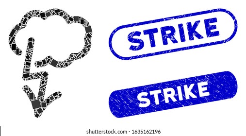 Mosaic lightning strike and rubber stamp seals with Strike text. Mosaic vector lightning strike is formed with random rectangle items. Strike stamp seals use blue color,