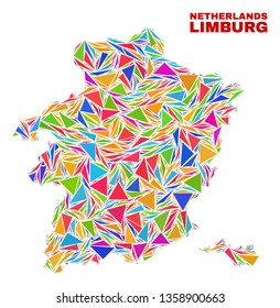 Mosaic Limburg Province map of triangles in bright colors isolated on a white background. Triangular collage in shape of Limburg Province map. Abstract design for patriotic purposes.