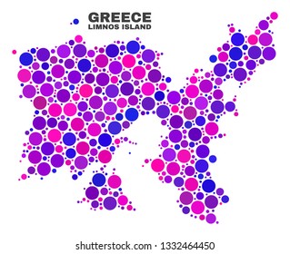 Mosaic Limnos Island map isolated on a white background. Vector geographic abstraction in pink and violet colors. Mosaic of Limnos Island map combined of scattered circle items.
