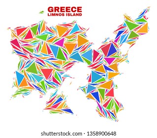 Mosaic Limnos Island map of triangles in bright colors isolated on a white background. Triangular collage in shape of Limnos Island map. Abstract design for patriotic illustrations.