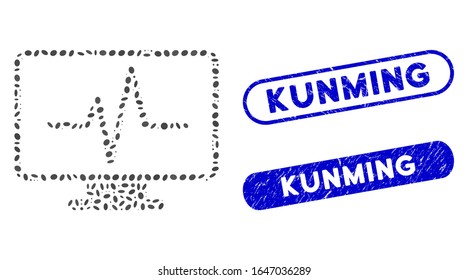 Mosaic line chart monitoring and distressed stamp seals with Kunming phrase. Mosaic vector line chart monitoring is created with random oval items. Kunming stamp seals use blue color,