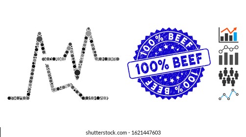 Mosaic line graphs icon and rubber stamp watermark with 100% Beef text. Mosaic vector is created with line graphs icon and with random round elements. 100% Beef stamp uses blue color,