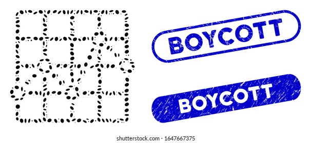 Mosaic line plot and grunge stamp seals with Boycott caption. Mosaic vector line plot is designed with scattered elliptic dots. Boycott stamp seals use blue color, and have round rectangle shape.