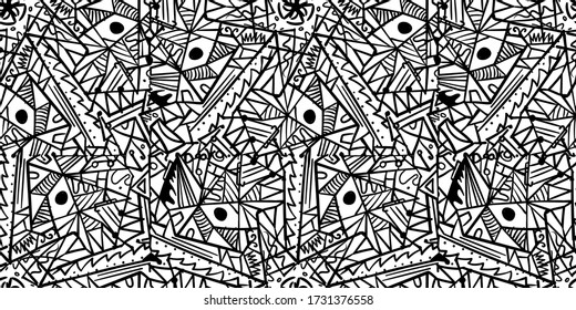 Patrón sin fisuras de la línea mosaico en un fondo blanco. Coloración vectorial de material para impresión. Imagen de material de carácter neutro para la relajación. Tracería en el estilo de dibujo a mano para el dibujo.