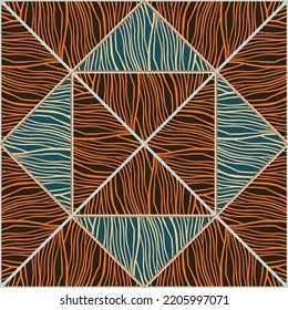 Mosaico de patrón lineal geométrico sin costuras. Ornamento decorativo de líneas abstractas. Diseño creativo a rayas para tela, impresión textil, papel envolvente, cubierta. Ilustración del vector