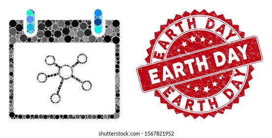 Mosaic links calendar day and grunge stamp watermark with Earth Day text. Mosaic vector is designed with links calendar day icon and with randomized circle elements.