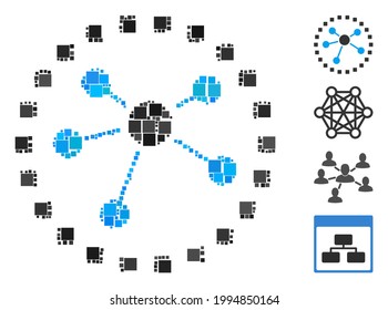 Mosaic Links diagram icon united from square elements in random sizes and color hues. Vector square elements are united into abstract mosaic links diagram icon. Bonus pictograms are placed.