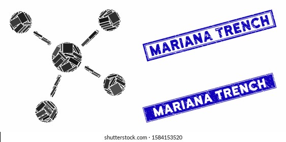 Mosaic links pictogram and rectangle Mariana Trench watermarks. Flat vector links mosaic pictogram of scattered rotated rectangle items. Blue Mariana Trench watermarks with scratched textures.