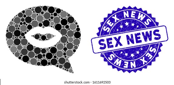 Mosaic lips smiley message icon and grunge stamp seal with Sex News phrase. Mosaic vector is created from lips smiley message icon and with scattered spheric elements. Sex News seal uses blue color,