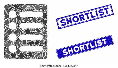 Mosaic list icon and rectangular Shortlist watermarks. Flat vector list mosaic icon of random rotated rectangular items. Blue Shortlist seals with grunge texture.