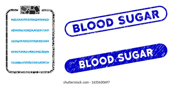 Mosaic list page and corroded stamp seals with Blood Sugar caption. Mosaic vector list page is created with random rectangles. Blood Sugar stamp seals use blue color, and have round rectangle shape.