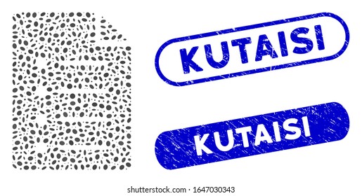 Mosaic list page and rubber stamp seals with Kutaisi text. Mosaic vector list page is created with randomized elliptic dots. Kutaisi stamp seals use blue color, and have round rectangle shape.