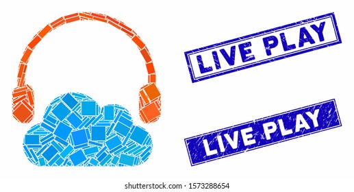Mosaic listen cloud icon and rectangle Live Play seals. Flat vector listen cloud mosaic icon of randomized rotated rectangle items. Blue Live Play seals with scratched texture.