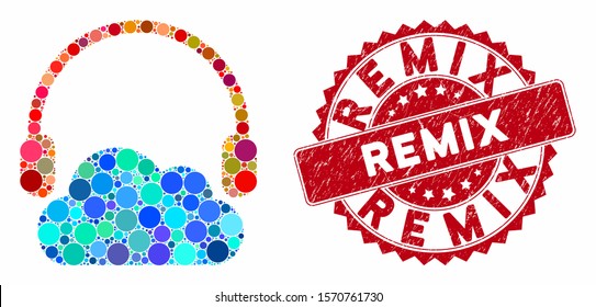 Mosaic listen cloud and rubber stamp seal with Remix text. Mosaic vector is composed from listen cloud icon and with scattered round spots. Remix seal uses red color, and rubber design.