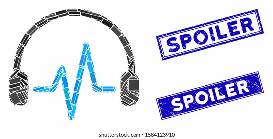 Mosaic listen icon and rectangle Spoiler seal stamps. Flat vector listen mosaic pictogram of scattered rotated rectangle items. Blue Spoiler seal stamps with grunge texture.