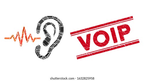 Mosaic listen icon and red Voip seal stamp between double parallel lines. Flat vector listen mosaic icon of random rotated rectangle items. Red Voip rubber seal with distress texture.