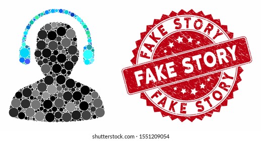 Mosaic listen operator and distressed stamp seal with Fake Story text. Mosaic vector is composed from listen operator icon and with randomized round items. Fake Story stamp seal uses red color,