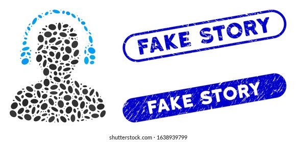 Mosaic listen operator and distressed stamp seals with Fake Story phrase. Mosaic vector listen operator is created with randomized ellipse parts. Fake Story seals use blue color,