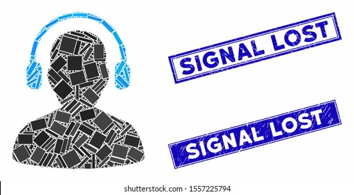 Mosaic listen operator pictogram and rectangle seal stamps. Flat vector listen operator mosaic pictogram of scattered rotated rectangular elements. Blue caption seal stamps with distress texture.