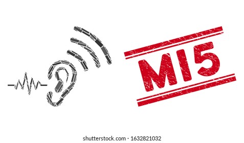 Mosaic listen and transmit icon and red Mi5 seal stamp between double parallel lines. Flat vector listen and transmit mosaic icon of scattered rotated rectangular elements.