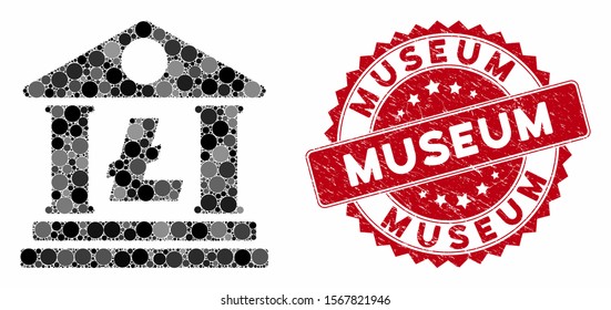 Mosaic Litecoin bank building and grunge stamp watermark with Museum text. Mosaic vector is formed with Litecoin bank building icon and with scattered spheric elements. Museum stamp uses red color,