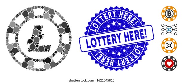 Mosaic Litecoin casino chip icon and rubber stamp seal with Lottery Here! phrase. Mosaic vector is composed from Litecoin casino chip icon and with random round spots.