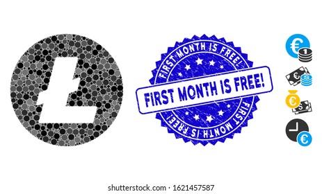 Mosaic Litecoin coin icon and distressed stamp seal with First Month Is Free! text. Mosaic vector is composed from Litecoin coin icon and with randomized circle items.