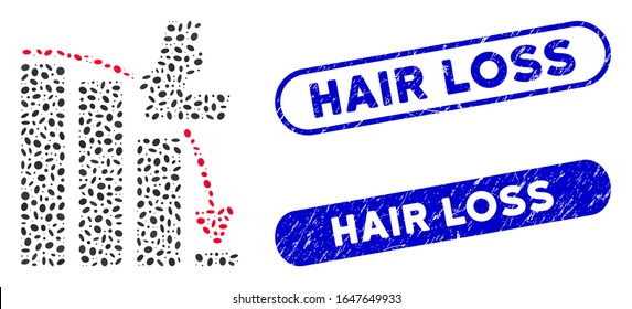 Mosaic Litecoin epic fail chart and rubber stamp seals with Hair Loss phrase. Mosaic vector Litecoin epic fail chart is formed with randomized oval items. Hair Loss stamp seals use blue color,