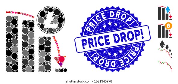 Mosaic Litecoin falling acceleration chart icon and rubber stamp seal with Price Drop! caption. Mosaic vector is designed with Litecoin falling acceleration chart icon and with random round elements.