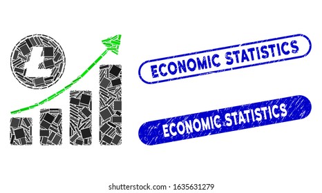 Mosaic Litecoin growing chart trend and grunge stamp seals with Economic Statistics phrase. Mosaic vector Litecoin growing chart trend is formed with random rectangles.