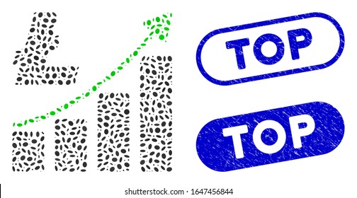 Mosaic Litecoin growth graph and rubber stamp watermarks with Top caption. Mosaic vector Litecoin growth graph is formed with randomized ellipse spots. Top stamp seals use blue color,