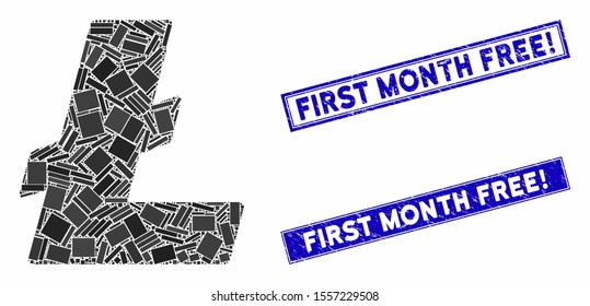 Mosaic Litecoin icon and rectangular stamps. Flat vector Litecoin mosaic icon of scattered rotated rectangular items. Blue caption rubber stamps with grunge texture.