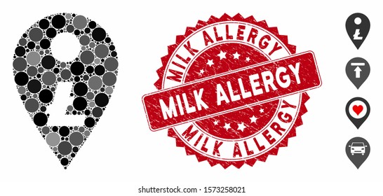 Mosaic Litecoin map marker icon and distressed stamp seal with Milk Allergy text. Mosaic vector is composed from Litecoin map marker icon and with randomized circle items.