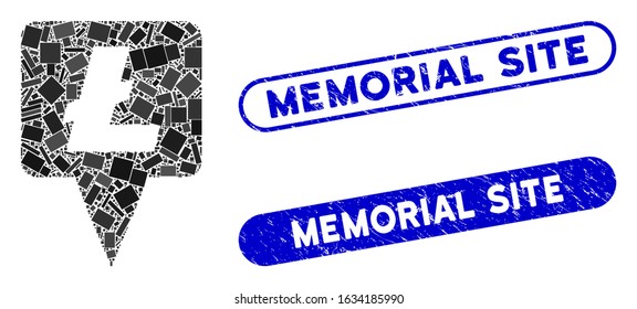 Mosaic Litecoin map pointer and corroded stamp seals with Memorial Site text. Mosaic vector Litecoin map pointer is composed with random rectangle items. Memorial Site stamp seals use blue color,
