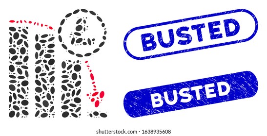Mosaic Litecoin panic falling chart and rubber stamp watermarks with Busted phrase. Mosaic vector Litecoin panic falling chart is designed with randomized elliptic spots.