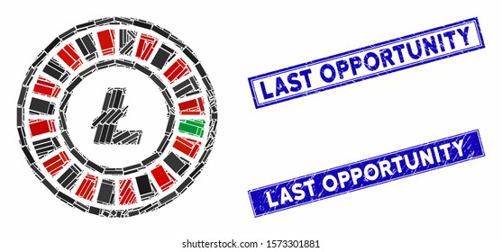 Mosaic Litecoin roulette pictogram and rectangle Last Opportunity seal stamps. Flat vector Litecoin roulette mosaic pictogram of randomized rotated rectangle items.